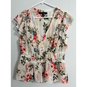 White House Black Market Blouse M Floral Sheer V Neck Shirred Waist Flutter Slvs